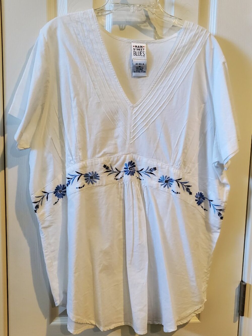 White Boho Summer Top w/Navy & Blue Embroidered Flowers